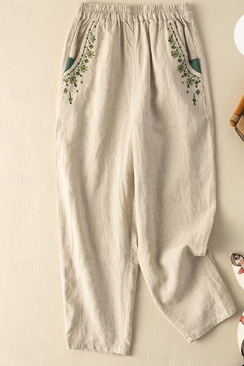 Mujer Algodón Compuesto Lino de algodón sintético pantalones Pantalones de verano Ropa de calle Casual Hasta el Tobillo Cintura Media Floral Bordado Bolsillo Cintura elástica Confortable Cómodo 2026 - $18.49 –P1