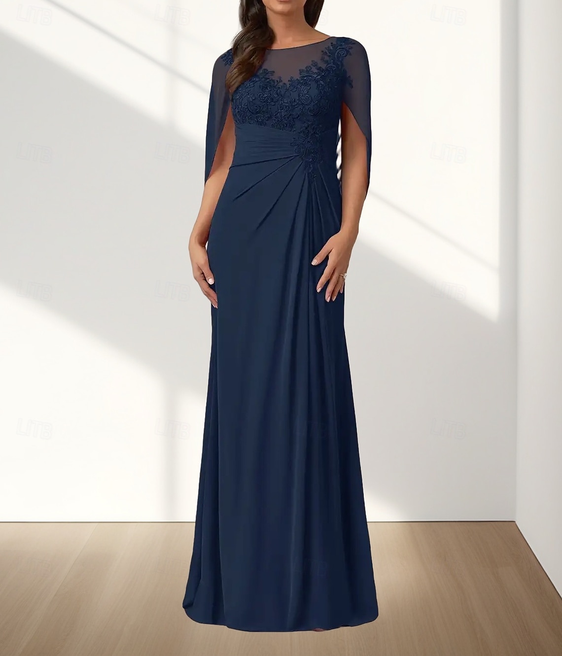 A-Linie Brautmutterkleid Hochzeitsgast Elegant Rundhalsausschnitt Bodenlang Chiffon Ärmellos mit Applikationen Raffung 2025 2025 - $178.99 –P1