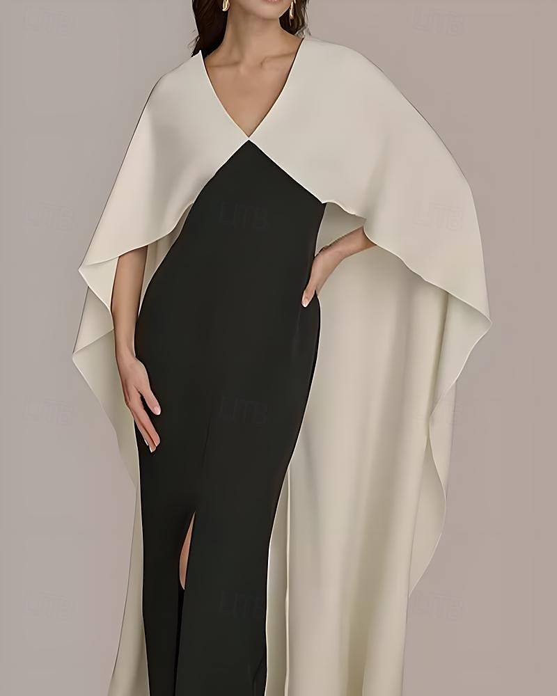 Umhang Kleid Schwarz und Weiß Meerjungfrau  Trompete Abendkleid Elegantes Kleid Formelle Hochzeitsgast Bodenlänge Halber Ärmel V-Ausschnitt Satin mit Schlitz 2025 - $142.99 –P2