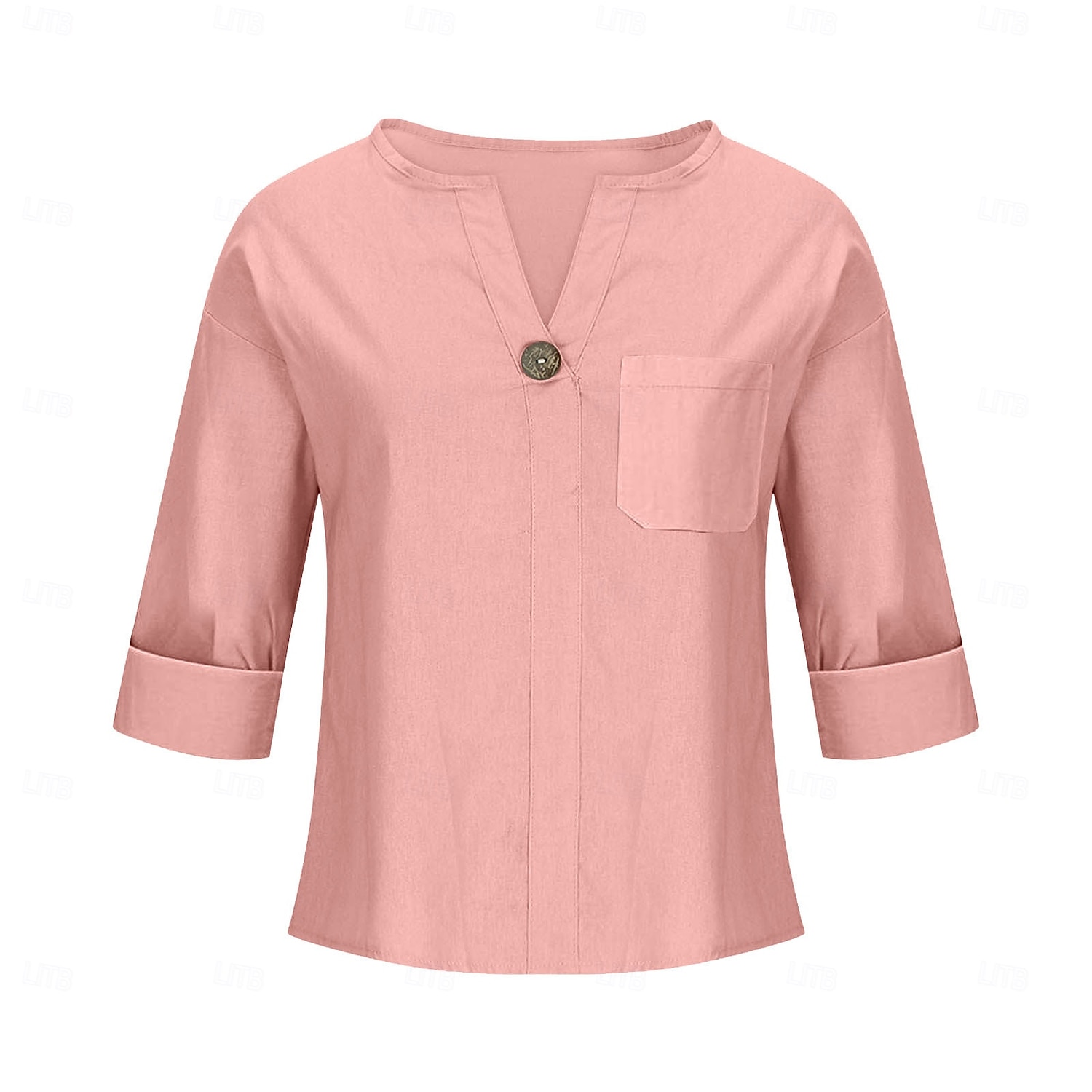 Women's Cotton Linen Blouse Solid Color Elegant Stylish Casual 3/4 Length Sleeve V Neck Regular Tops Daily Holiday Buttons Black White Pink Blue Beige Summer Spring 2025 - $17.99 –P12