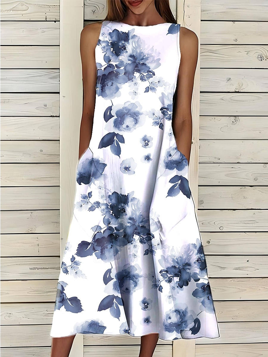 Damen Midikleid Sommerkleid A Linie Kleid Elegant Urlaub Lässig Normale Passform Blumen Grafik Ärmellos Rundhalsausschnitt Hellrosa Weiß Rosa Blau Sommer 2025 - $38.99 –P3