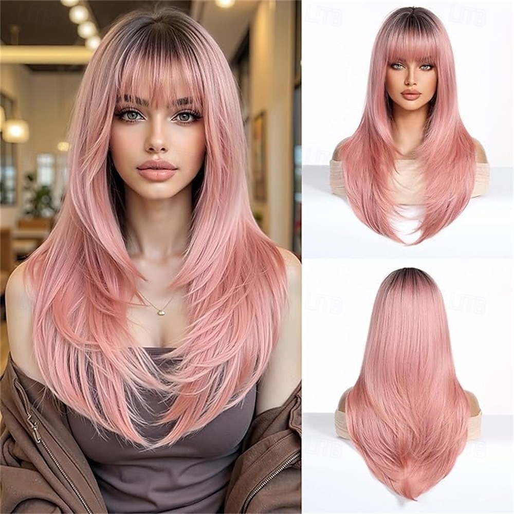 Parrucche lunghe e lisce in rame per donne, parrucche sintetiche naturali con effetto ombré e frangia per l'uso quotidiano alle feste del 2025 a $28.99 –P3