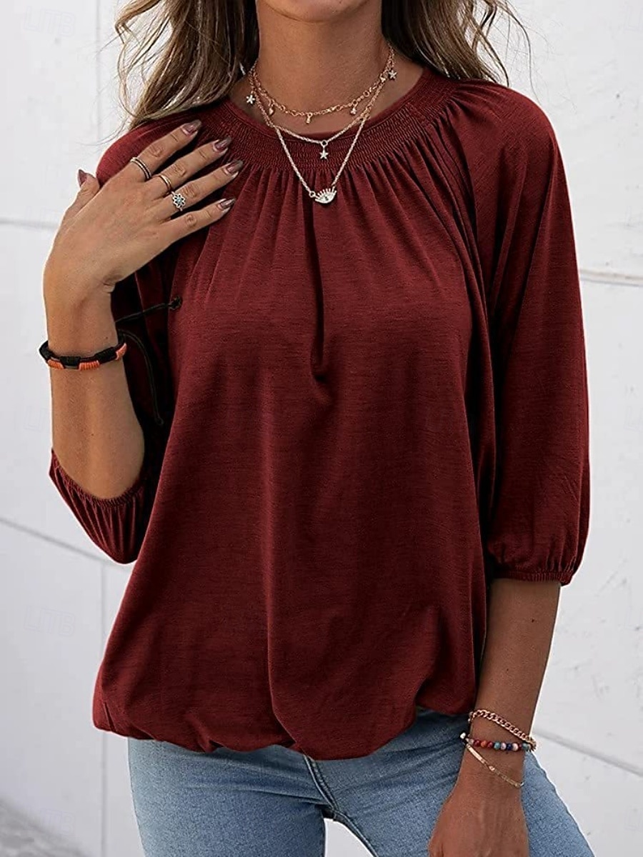 Femmes T-shirt Uni Mode Moderne Manche 3/4 Col ras du cou Hauts Réguliers Quotidien Noir Blanche Rose Claire Vin Vert Véronèse Été de 2025 ? $12.99 –P9