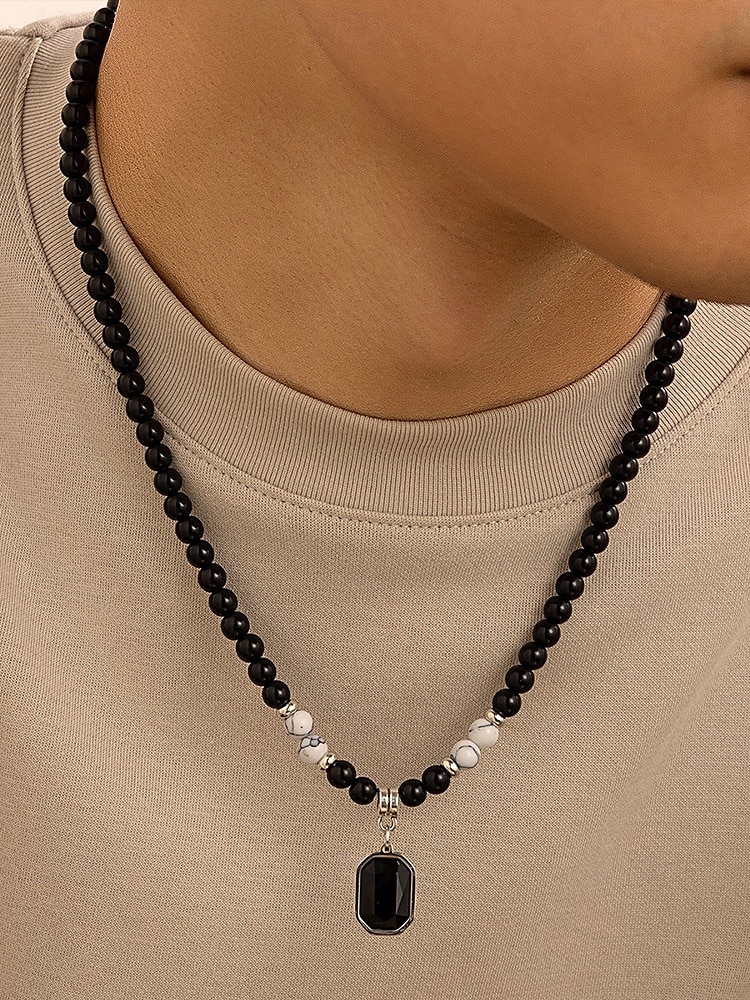 Men's Black Onyx Beaded Necklace with Tiger Eye Accents and Silver Pendant – Stylish Gift for Casual and Formal Occasions 2025 - $9.99 –P6