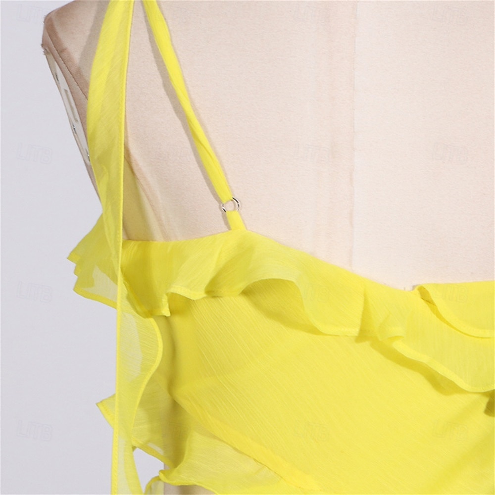 Mermaid / Trumpet Yellow Dresses Ruffle Dress Semi Formal Wedding Guest Dress Asymmetrical Sleeveless One Shoulder with Slit 2025 - $99.99 –P15