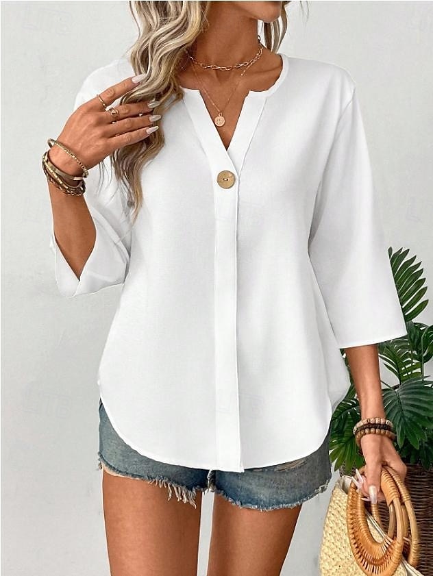 Dame Bluse Helfarge Stilfull Fritid 3/4 ermer V-hals Vanlige topper Daglig Ferie Knapper Svart Hvit Oransje Sommer Vår 2025 - $26.99 –P3
