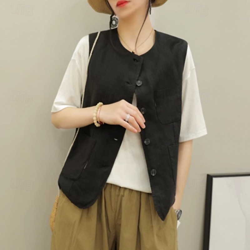 Femmes Chemises inspirées du lin Uni Actif Occasionnel Sans manches Col ras du cou Hauts Réguliers Quotidien Fête Sortir Boutons Avec Poches Noir Vert Abricot Été de 2025 ? $32.99 –P17