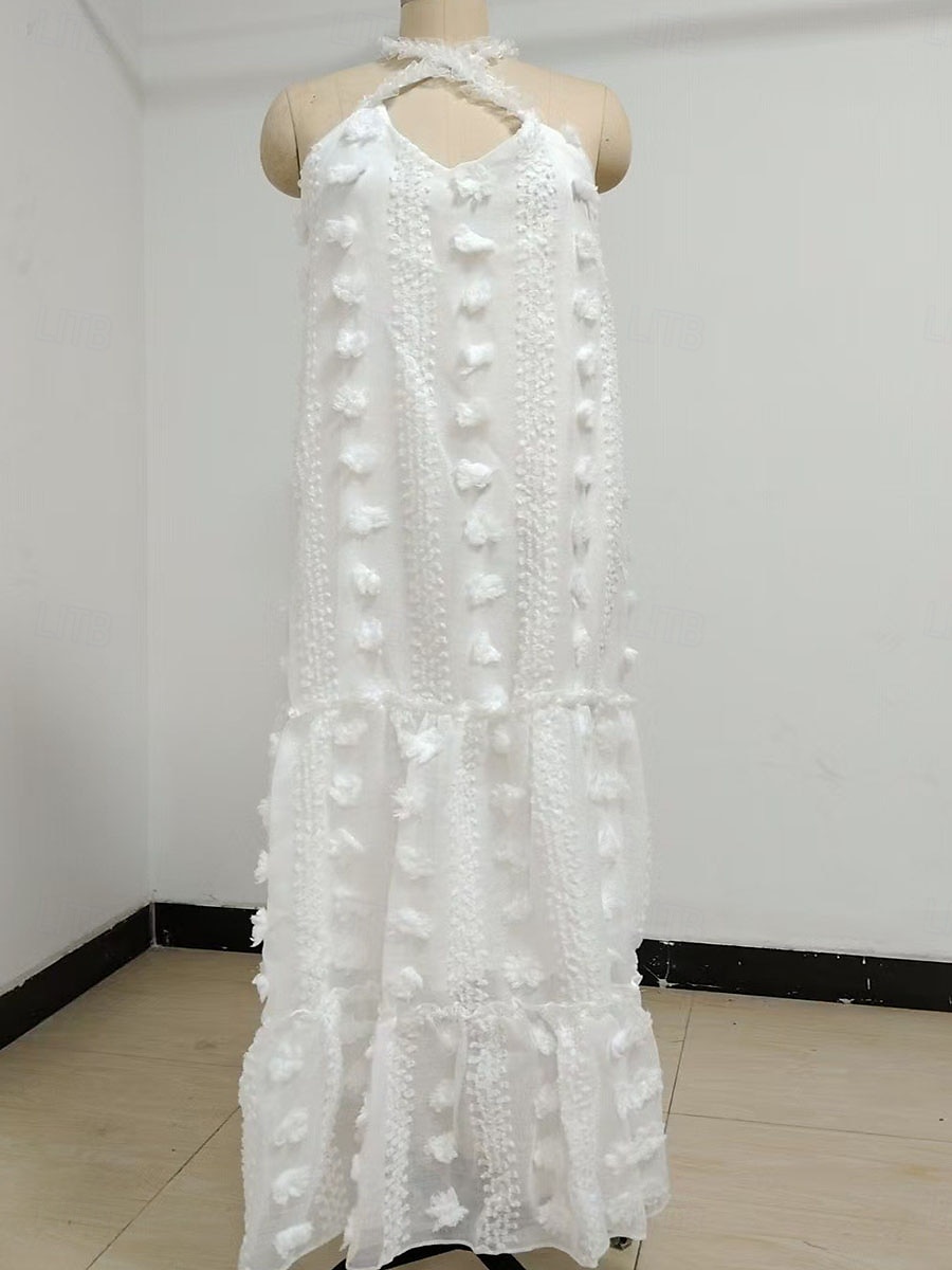 Dame Lang kjole Maxikjole Hvit kjole Solkjole Halter Neck kjole Elegant Mote Romantikk Ferie Ut på byen Strand Løstsittende Blomsternål i krystall Ren farge Ermeløs Dyp V Hvit Blå Sommer 2025 - $32.99 –P4