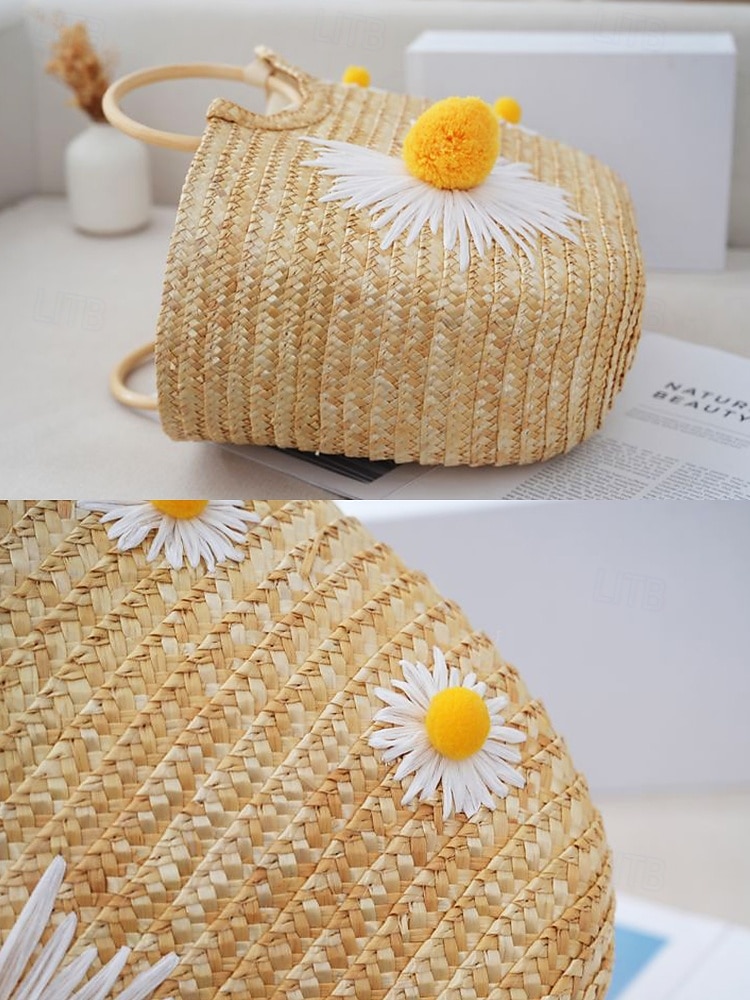 Sac fourre-tout en paille brodé marguerite pour femme - sac fourre-tout de plage d'été avec motif floral, cocotier, citron, style bohème décontracté, adapté aux vacances et à un usage quotidien de 2025 ? $24.99 –P6