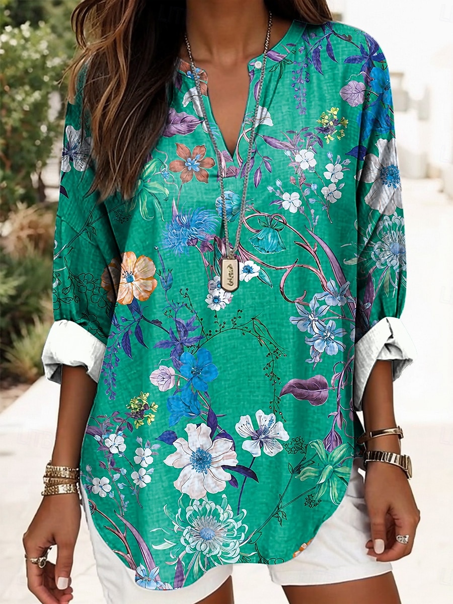 Kvinnors Boho Blus Blommig Grafisk Abstrakt Elegant Daglig Lång Ärmar V-Hals Regular Toppar Dagligt Tryck Röd Blå Lila Grön Sommer Vår 2025 - $24.99 –P3