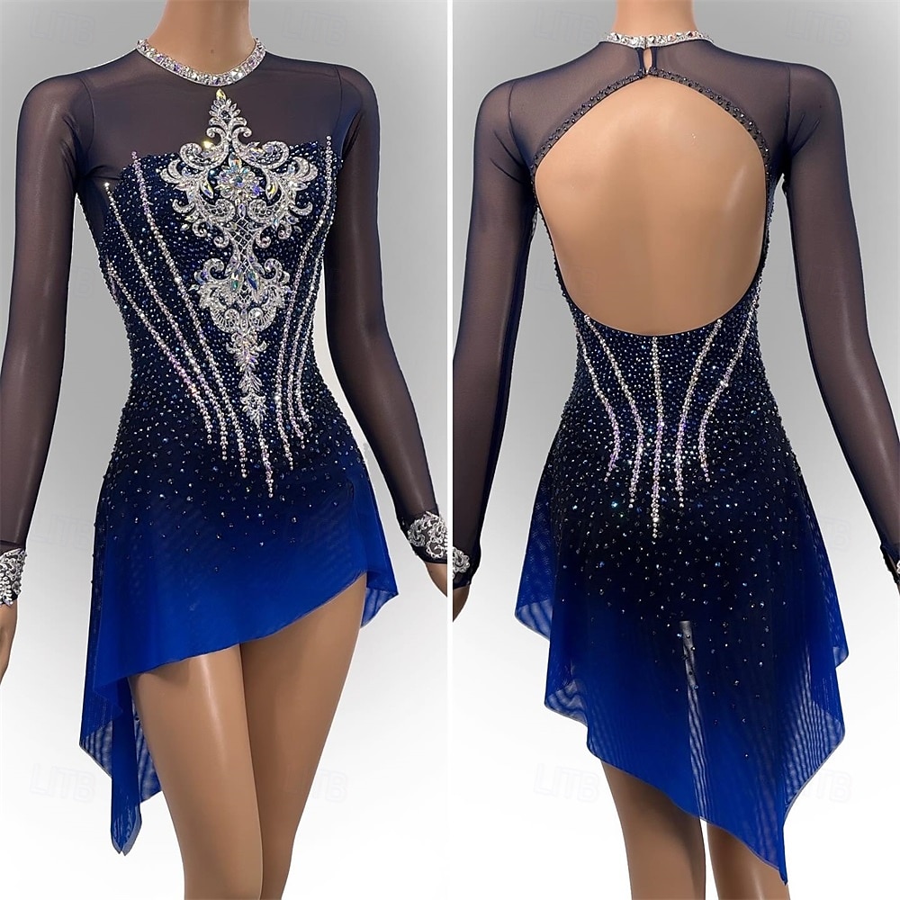 Kunstschaatsjurk Dames Voor meisjes Schaatsen Jurken Donker Marineblauw Duimopening Open achterkant Netstof Hoge Elasticiteit Opleiding Wedstrijd Kunstschaatskleding Klassiek Kristal / Bergkristal 2025 - GBP £194 –P1