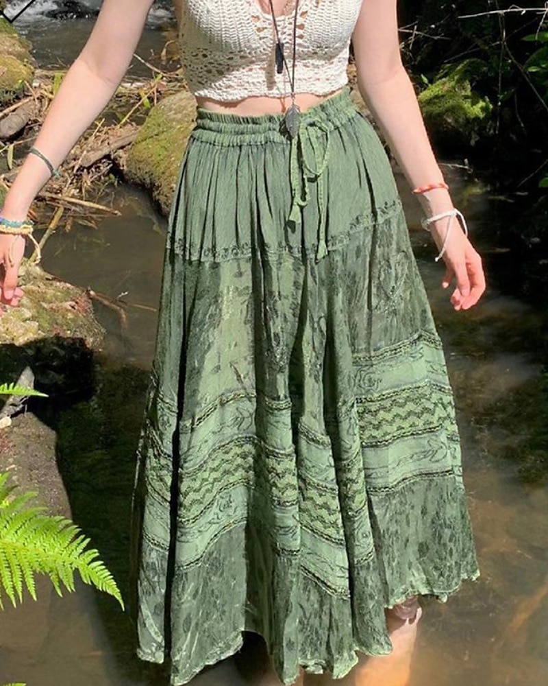 Pentru femei Fustă Boemia Boho Midi Talie Medie Fuste Floral Imprimeu Micro-elastic Stradă Ieșire Verde Vară Poliester 2025 - $21.99 –P1