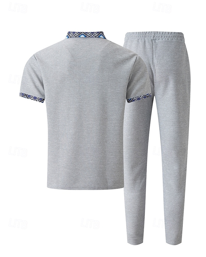 Voor heren Wafel Shirt T-shirt past Shirt- en broeksets 2 stuks outfits Korte mouw Revers Zomer Kleurenblok Modieus Casual Lapwerk 2-stuks Vakantie Alledaagse kleding Uitgaan Zwart Wit Koningsblauw 2025 - $40.99 –P16