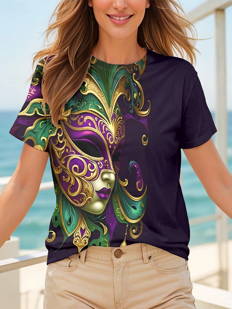 Femmes T-shirt Graphique ancien Élégant Occasionnel Manche Courte Col ras du cou Col rond Hauts Réguliers Quotidien Imprimé Fuchsia Vert Été Printemps de 2025 ? $19.99 –P5