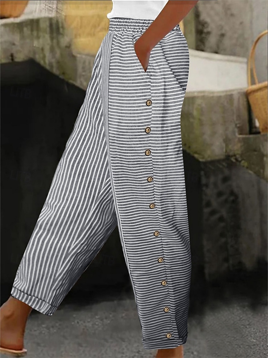 Per donna Pantaloni in cotone e lino Essenziale Casual Lunghezza intera Vita Alta A righe Tasca Elastico in vita Stampato Comodo All'aperto Confortevole Streetwear Abbigliamento quotidiano Uscire del 2025 a $22.99 –P3