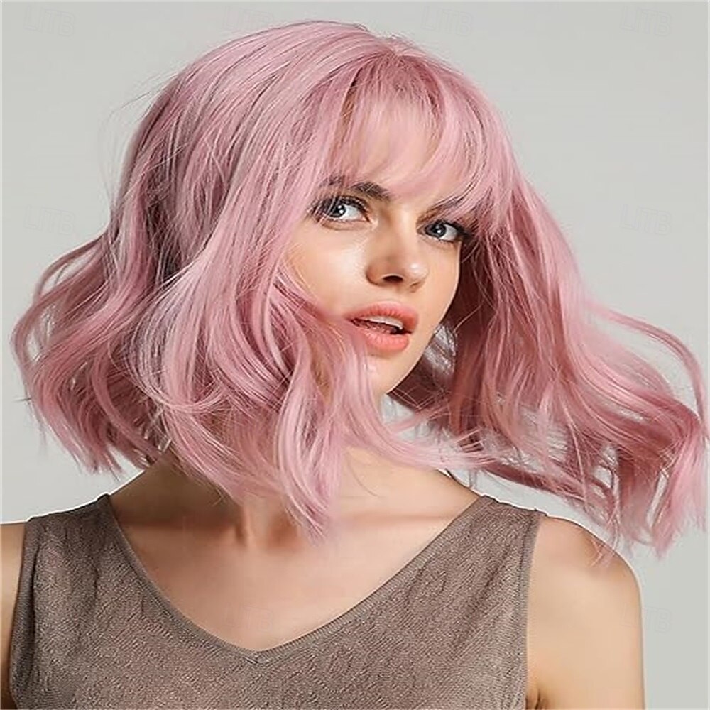 Peruca curta ondulada com franja para mulheres, comprimento dos ombros, bob, perucas sintéticas cacheadas com ondulado natural, preto, misto, vinho tinto, peruca resistente ao calor para uso diário em de 2025 por $25.99 –P4