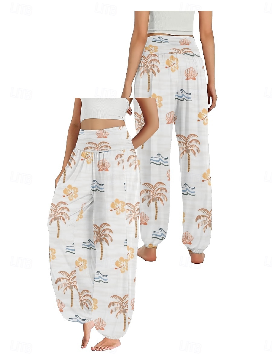 Dam Linneinspirerade byxor Brett skaft Byxor Etnisk Stil Ledigt Boho Fullängd Hög midja Blommig Ficka Elastisk midja Tryck Mateial som andas Mjuk Microelastisk Utomhus Yoga Vit Gul Rosa Purpur Sommar 2025 - $21.99 –P15