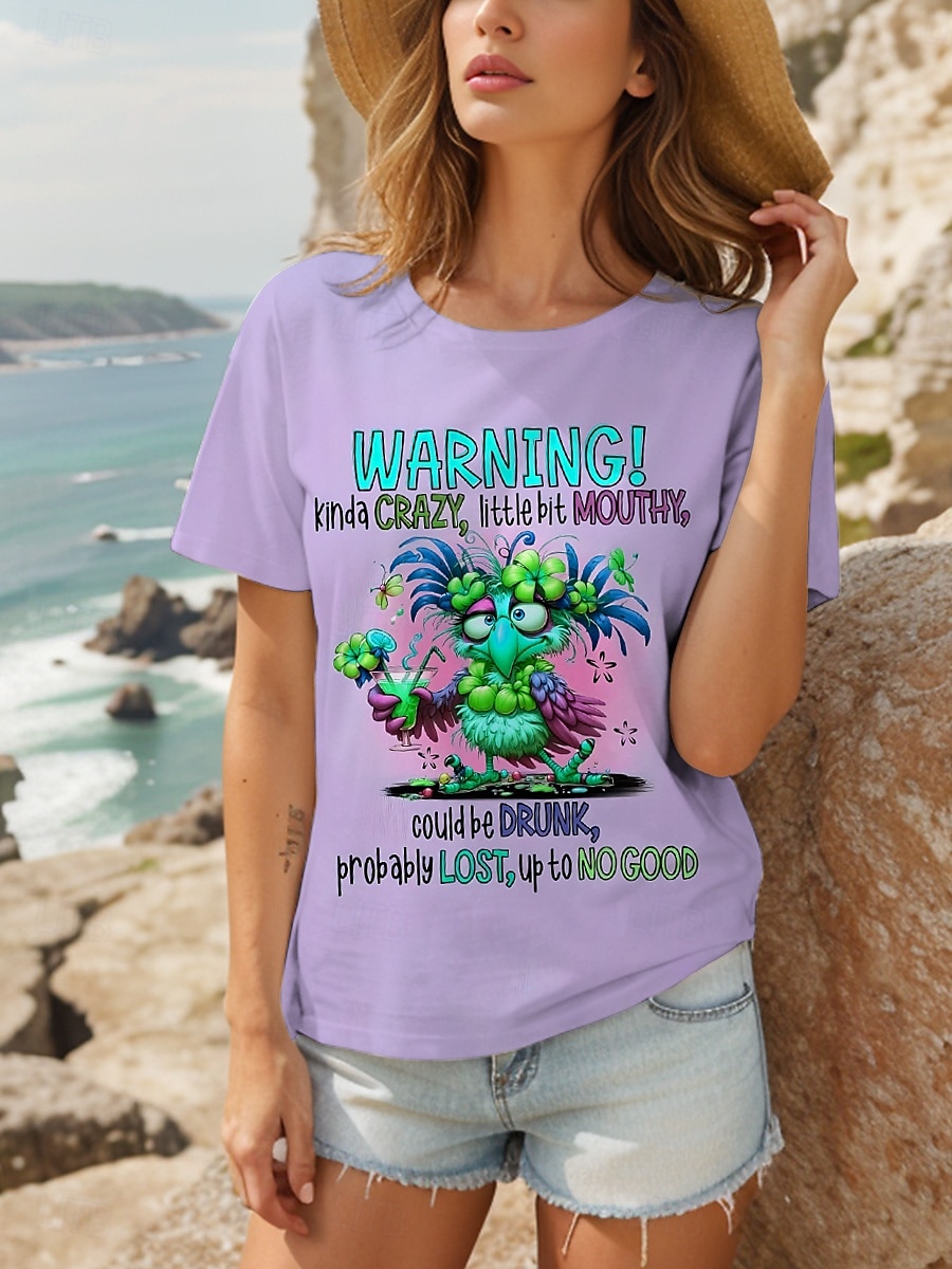 Dame T skjorte Grafisk Dyr Fugl Stilfull Klassisk Fritid Kortermet Crew-hals Rund hals Vanlige topper Daglig Helg Trykt mønster Hvit Lysegrønn Lilla Sommer Vår 2025 - $19.99 –P5
