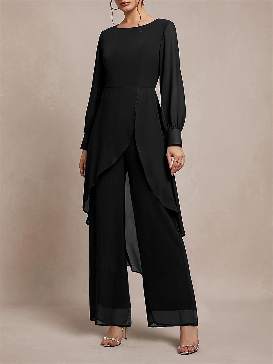 Conjunto Mãe da Noiva Clássico Decote Redondo Barra Assimétrica Manga Longa em Chiffon com Cor Sólida de 2025 por $89.99 –P10