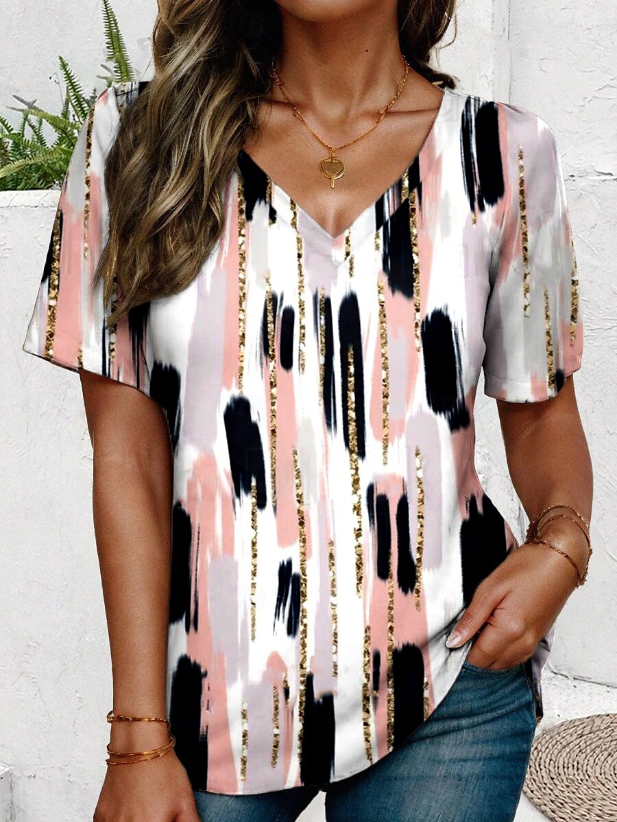 Damen T Shirt Grafik Geometrisch Tupfen Vintage Stilvoll Lässig Kurzarm V Ausschnitt Normale Oberteile Täglich Ausgehen Strandbekleidung Druck Rosa Himmelblau Sommer 2025 - $19.99 –P1