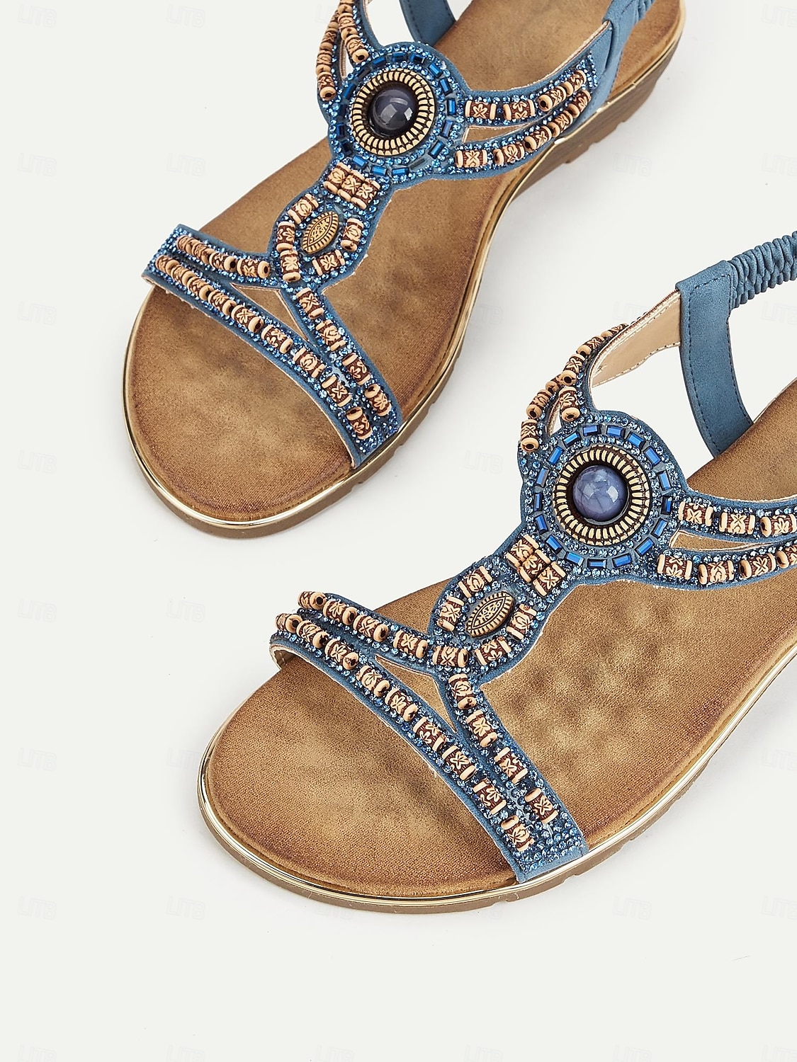 Women's Bohemian Beaded Elastic Slingback Sandals – Blue and Copper Flat Summer Shoes for Walking , Vacation and Beach 2025 - $34.99 –P2