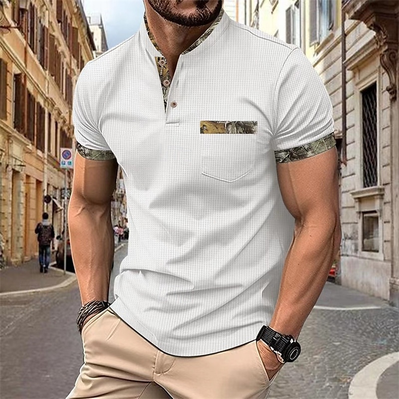 Herren Waffel-Poloshirts Golfshirt Arbeit Lässig Revers Kurzarm Basic Modern Farbblock Patchwork Knöpfe Sommer Frühling Normale Passform Schwarz Weiß Königliches Blau Khaki Grau Waffel-Poloshirts 2025 - $21.99 –P2