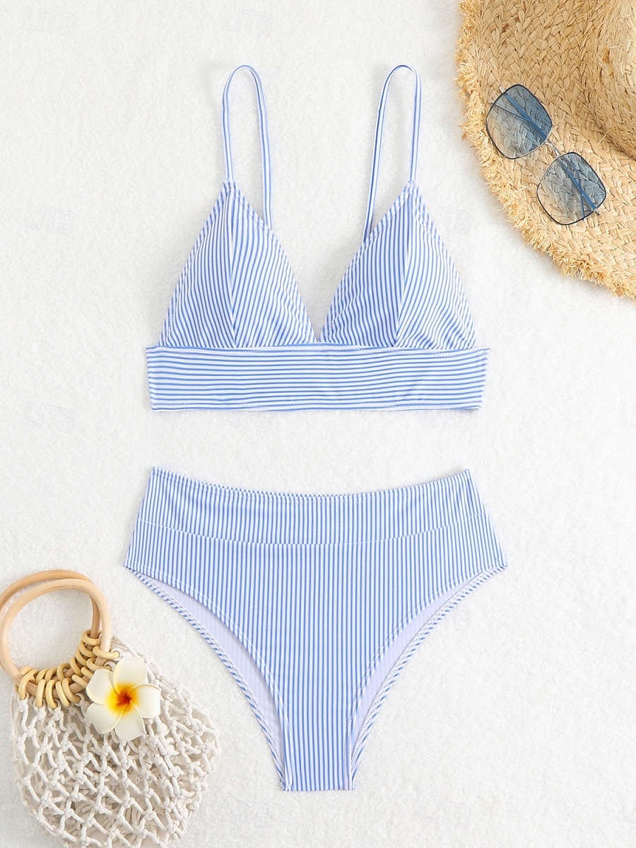 Kvinnors baddräkter bikini 2-delad tärnande baddräkt rygglös semester strandkläder randig V-hals ärmlös baddräkter 2025 - $17.99 –P9