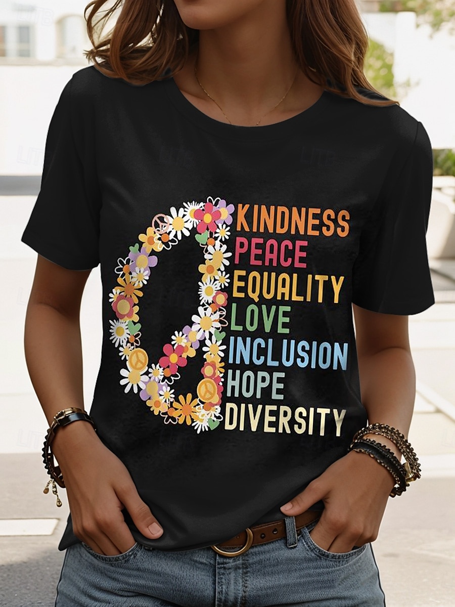 Pentru femei Tricou Grafic Scrisă Stilat Clasic Casual Manșon scurt Stil Nautic Topuri obișnuite Zilnic Imprimeu Negru Alb Roz Îmbujorat Albastru piscină Mov Vară PEACE 2025 - $19.99 –P4