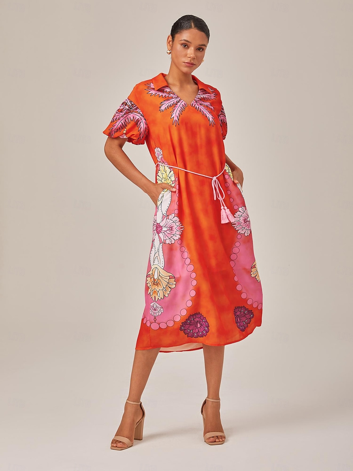 Vacation Style Orange Placement Floral Maxi Dress 2025 - $76.99 –P2