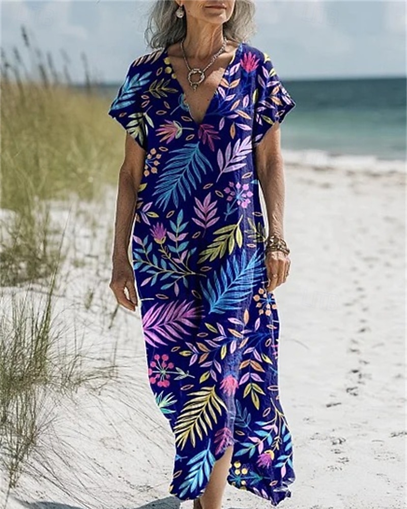 Femmes Robe Longue Maxi Robe Robes en coton et lin Robe Décontractée Robe bohème Robe occidentale Mode Extérieur Soirée Fête Coupe régulière Fleur Manche Courte Col en V Noir Bleu Violet Marron Été de 2025 ? $32.99 –P1