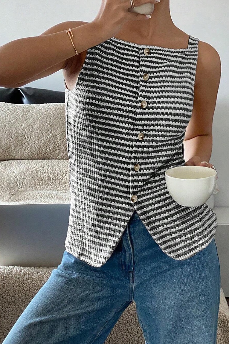 Femmes Chemisier Débardeur caraco Rayé Moderne Occasionnel Sans manches Bretelle Hauts Réguliers Quotidien Sortir Boutons Noir Abricot Été de 2025 ? $17.99 –P1