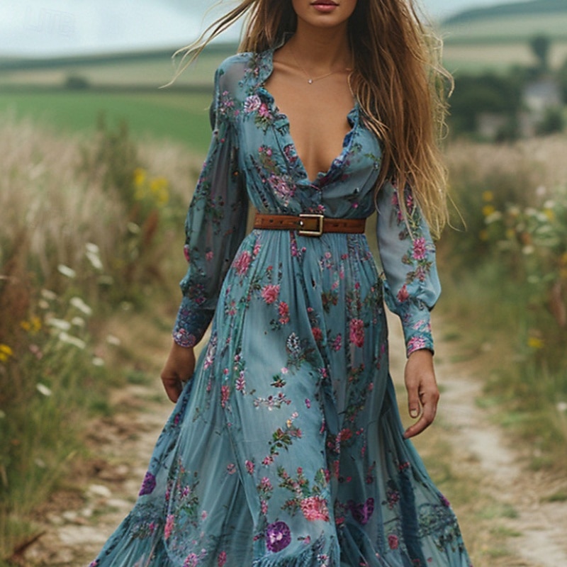 Damen Langes Kleid Maxikleid Blumenkleid Boho-Kleid Westernkleid Elegant Mode Modern Outdoor Urlaub Täglich Normale Passform Blume Langarm V Ausschnitt Blau Sommer 2025 - $36.99 –P2
