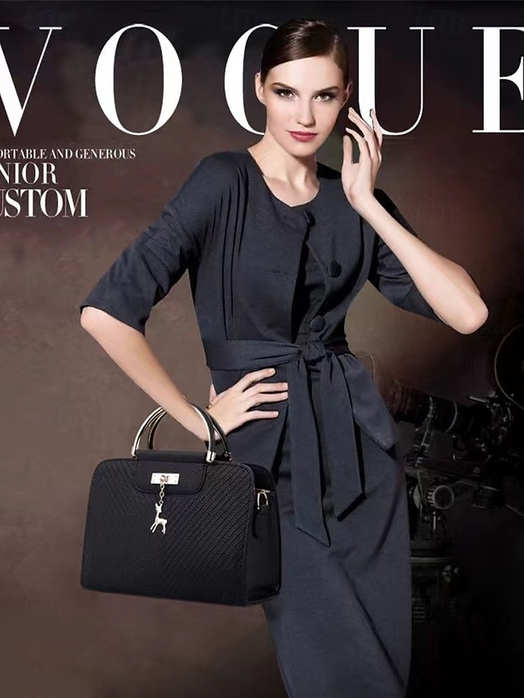 Women's Faux Leather Top Handle Tote Bag with Deer Charm - Elegant Structured Women's Shoulder Bag, Perfect for Mother's Day Gift, Work, Shopping and Casual Outings 2025 - $26.99 –P4