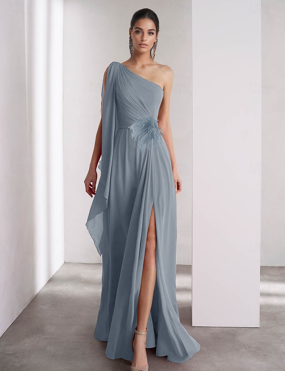 Jedno Ramo Modré Růžové A-Linie Chiffon Peří Večerní Šaty Elegantní Šaty Formální Dlouhé Bez Rukávů S Faldovým Šálem 2025 - $147.99 –P3