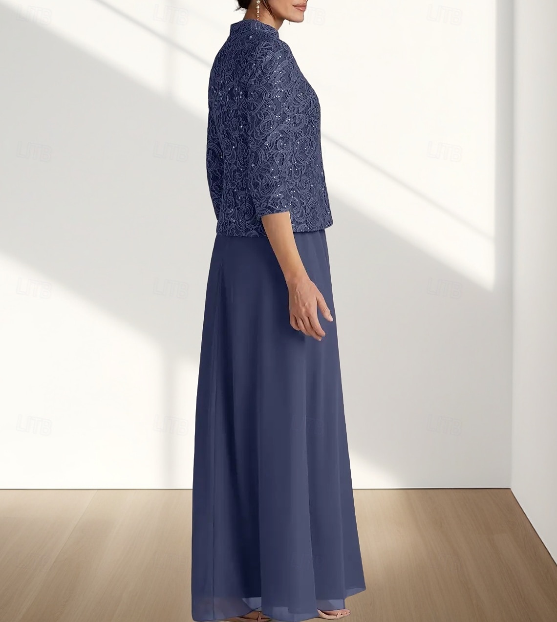 Due Pezzi Linea ad A Abito da cerimonia per signora Ospite di nozze Elegante Collo quadrato Lunghezza al pavimento Chiffon Pizzo Manica 3/4 con Pizzo 2025 del 2025 a $188.99 –P5