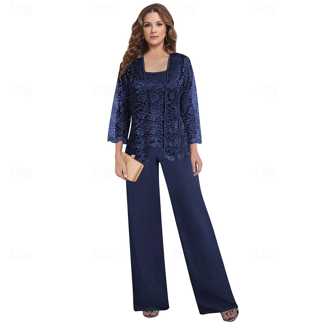 Hosenanzug Brautmutter Kleid Hochzeitsgast Elegantes Quadrat-Ausschnitt Bodenlang Polyester Spitze Lange Ärmel mit einfarbigem Material 2025 - $101.99 –P2