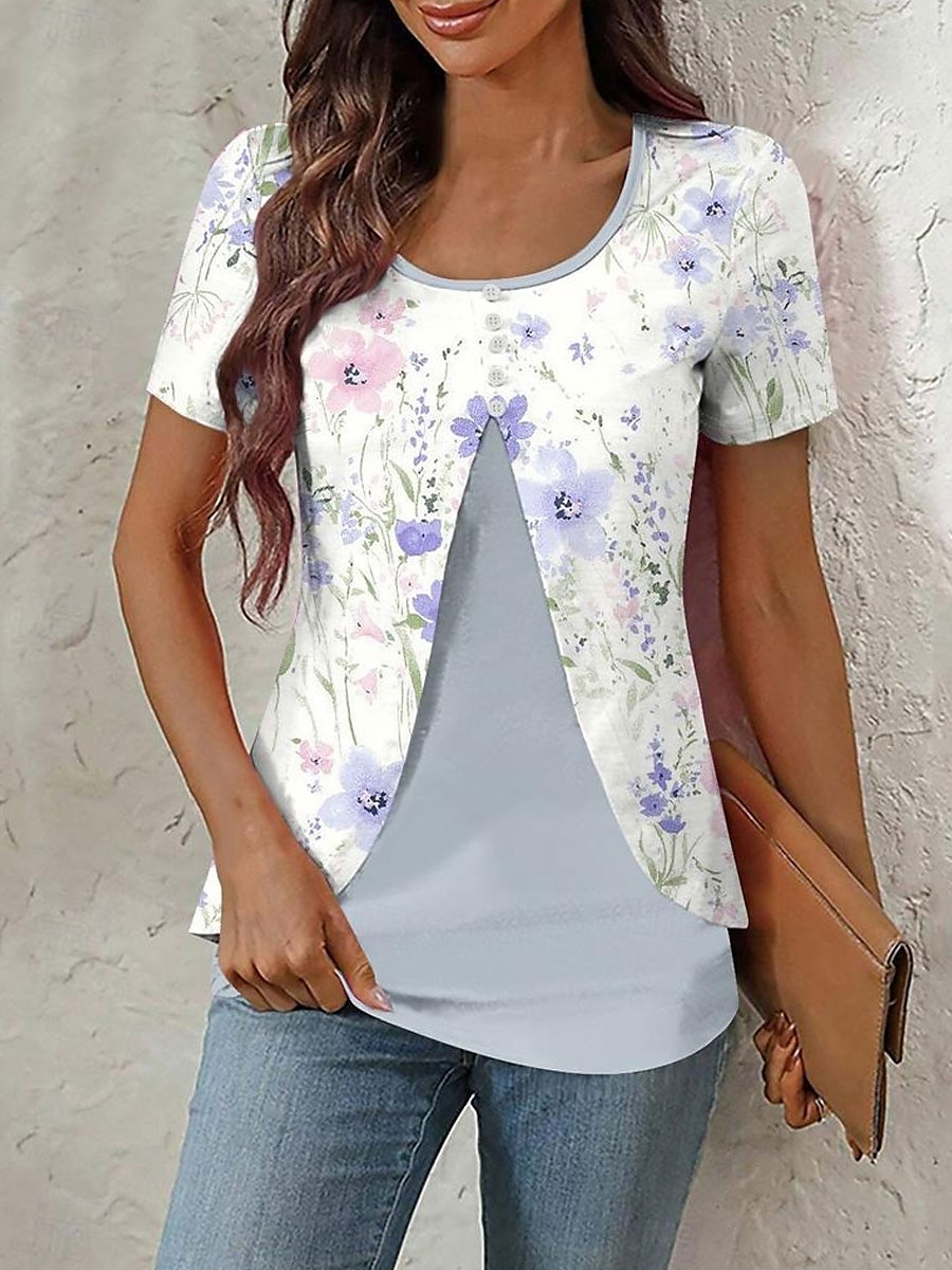 Dame T skjorte Blomstret Grafisk Elegant Stilfull Kortermet Crew-hals Rund hals Vanlige topper Daglig Ut på byen Lapper Knapper Lag-på-lag Rosa Blå Grønn Sommer Vår 2025 - $23.99 –P2