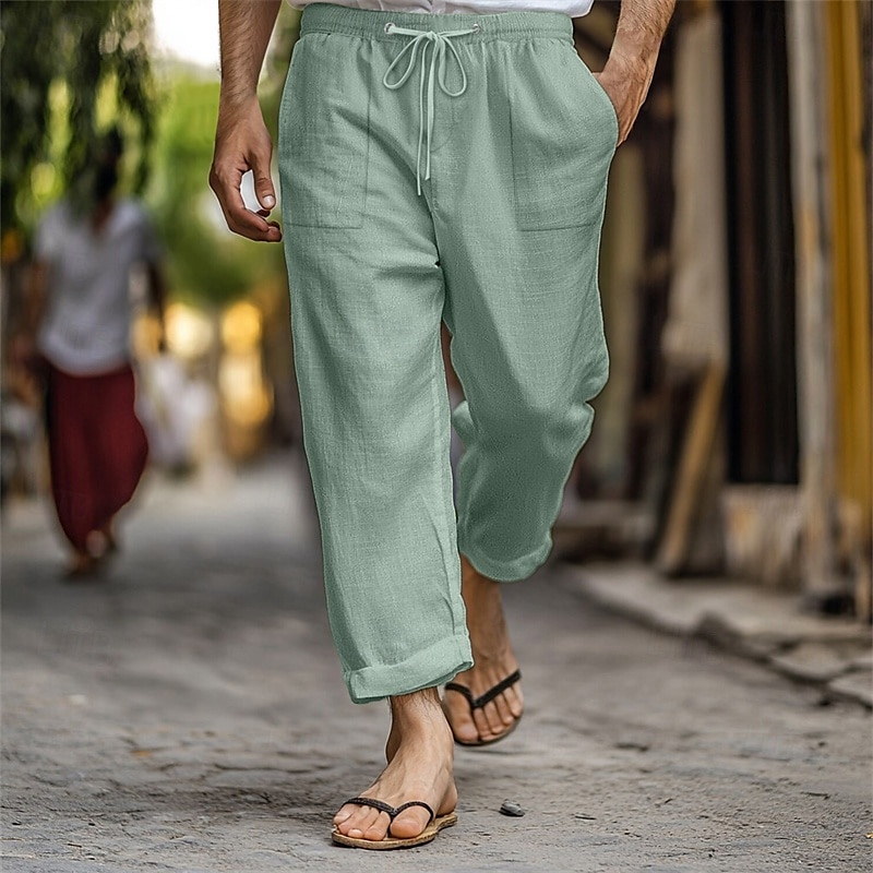 Men's Linen Pants Trousers Summer Pants Beach Pants Pocket Drawstring Elastic Waist Plain Comfort Breathable Vacation Daily Holiday Hawaiian Boho Dark Brown Lake blue 2025 - $18.99 –P9
