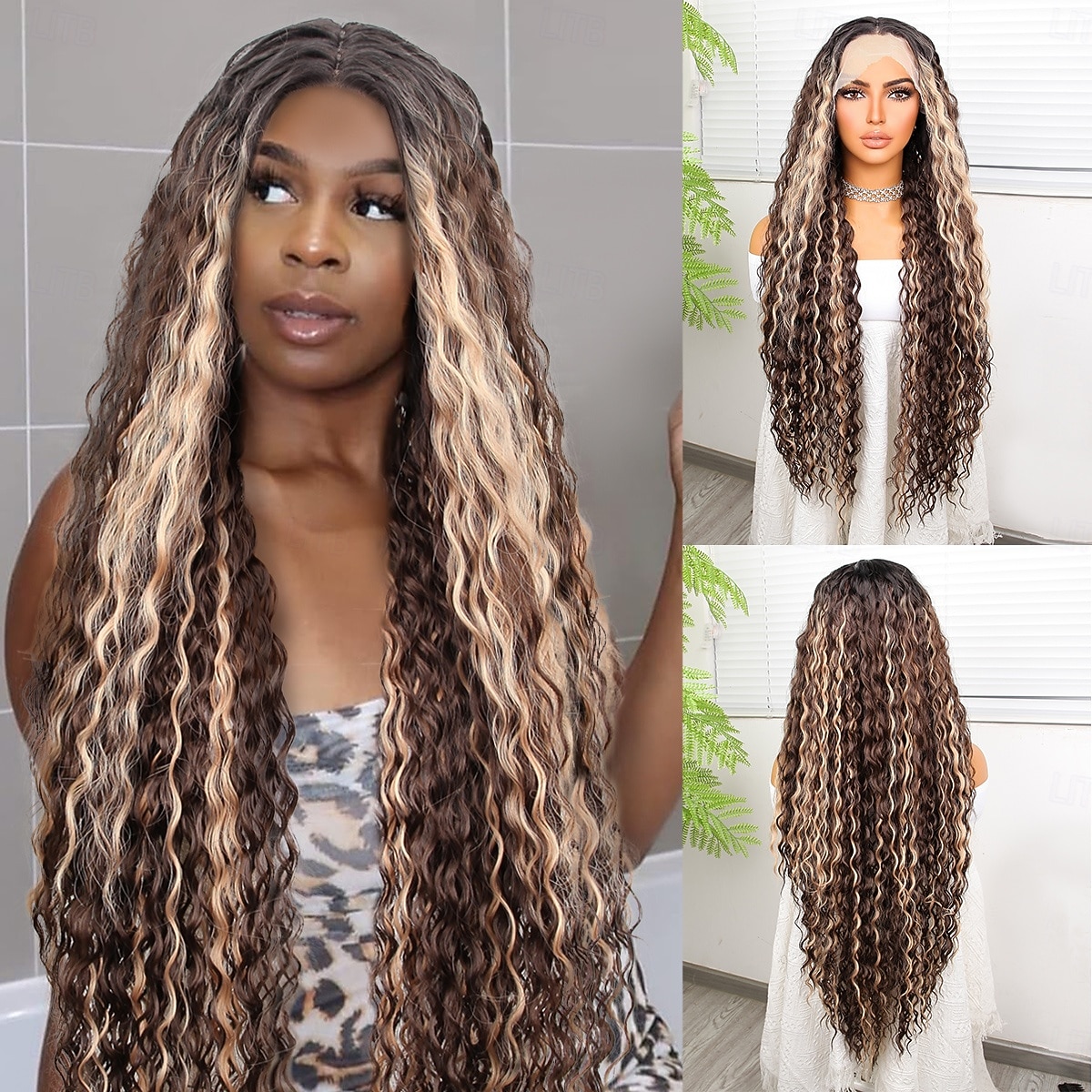 Syntetisk blonderparykk Dyp krøllete Stil 32 tommers Nyanse Midtdel 13x4x1 T Del Blonde foran Parykk Dame Parykk Lysebrun / rødbrun 2025 - $78.99 –P1