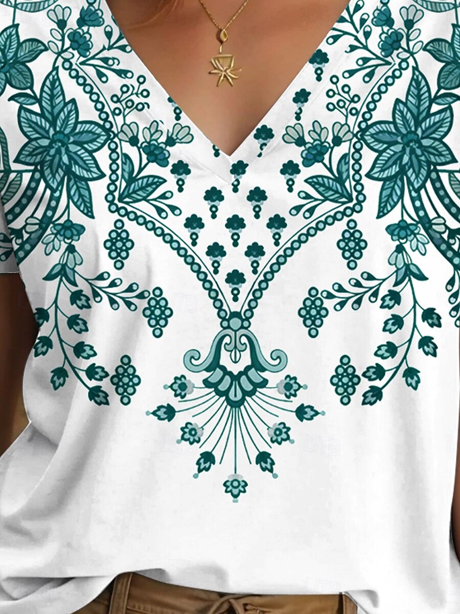 Damen T Shirt Grafik Stammes Vintage Stilvoll Lässig Kurzarm V Ausschnitt Normale Oberteile Täglich Druck Weiß Sommer Frühling 2025 - $19.99 –P3