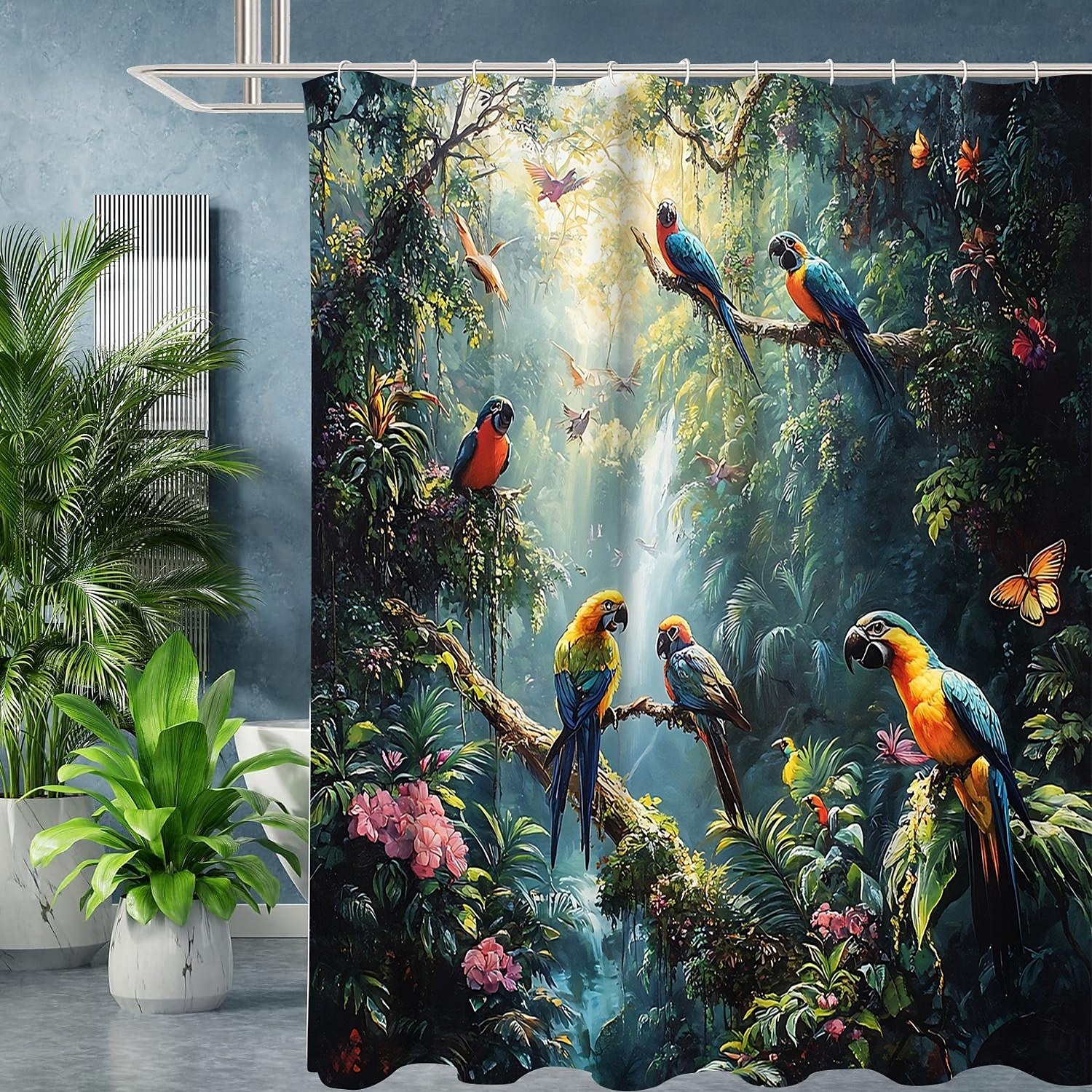Κουρτίνα Ντους με 12 Γάντζους 180cm*180cm(70"*70") Πλυμένος Πολυεστέρας Μηχανικής Πλύσης Αδιάβροχος Τροπικό Φύλλο Ζώου Σχέδιο Φύλλου 2025 - $18.49 –P6