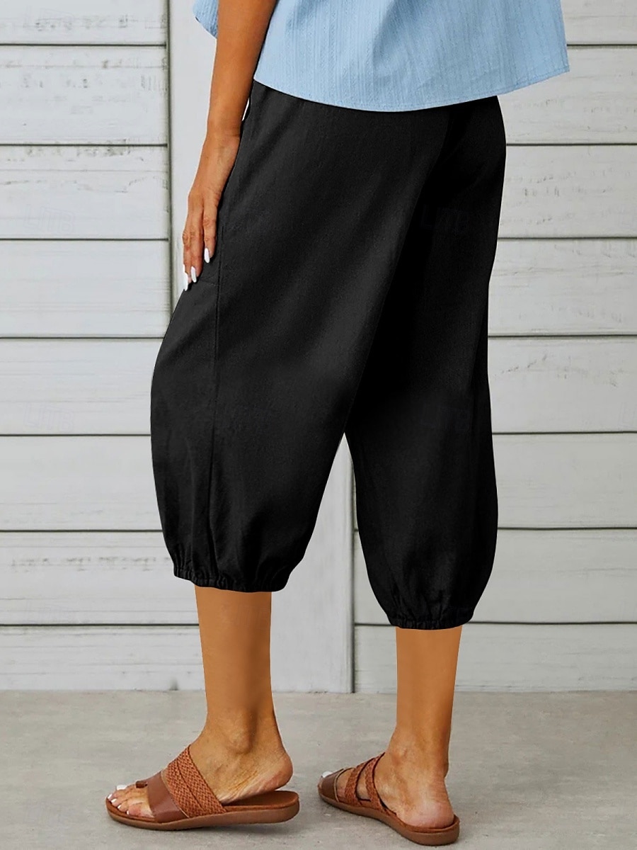Kvinne Capri Bukser Enfarget Chinos Motetrend Etnisk Stil Basic Knelang Høy Midje Vanlig Lomme Snor Komfort Utendørs Mikro-elastisk Ferie Gate Daglig Svart Hvit Khaki Lyseblå 2025 - $19.99 –P7