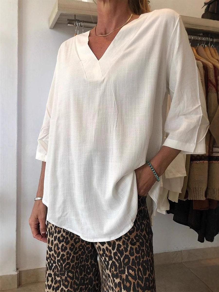 camicetta da donna in cotone e lino, tinta unita, elegante, casual, manica a 3/4, scollo a V, top normali, per tutti i giorni, per le vacanze, nera, bianca, beige, estate, primavera del 2025 a $25.99 –P1