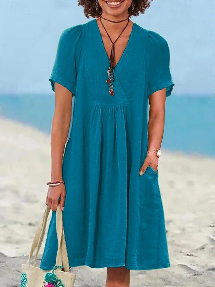Per donna Mini Abito Abiti ispirati al lino Abito a trapezio Casual Spiaggia Quotidiano Vestibilità regolare Semplice Manica Corta Scollo a V Verde chiaro Blu reale Viola Arancione Estate del 2025 a $28.99 –P5