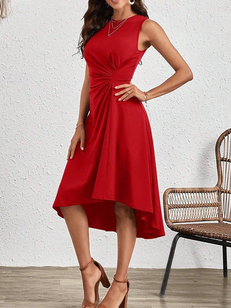 Dámské midi šaty A-line šaty v jedné barvě bodycon šaty pracovní šaty poloformální kanceláře slim grafické bezrukávové kulatý výstřih černá růžová červená modrá léto 2025 - $27.99 –P5