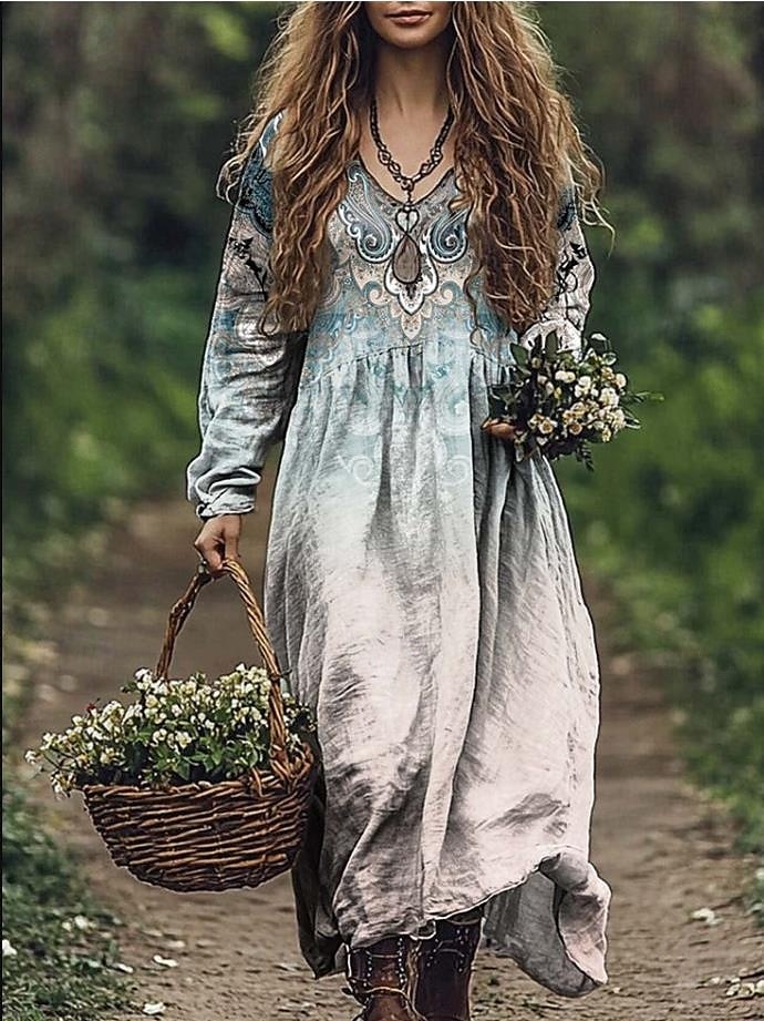 Damskie Sukienka maxi Sukienka letnia Plisowana sukienka Urlop Codzienny Boho Wyjściowe Plaża Luźny / a Graficzny W Tureckie Wzory Długi rękaw W serek Głęboka zieleń Czarny Czerwony Niebieski Lato 2025 - $35.99 –P4