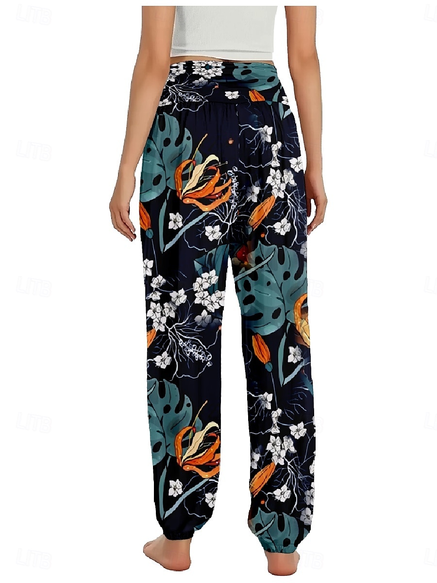 Dam Linneinspirerade byxor Brett skaft Byxor Etnisk Stil Ledigt Boho Fullängd Hög midja Blommig Löv Tropisk Ficka Elastisk midja Tryck Mateial som andas Mjuk Microelastisk Utomhus Yoga Svart Vit 2025 - $21.99 –P2