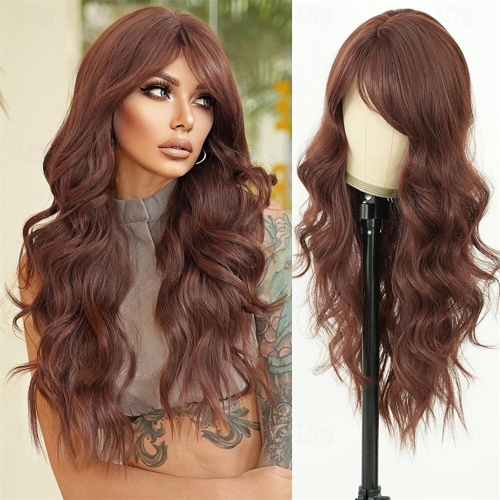 Peruca longa cacheada com mechas e franja cortina para mulheres, cabelo sintético em camadas de 28 polegadas, resistente ao calor, perucas de aparência natural para uso diário de 2026 por $27.99 –P2