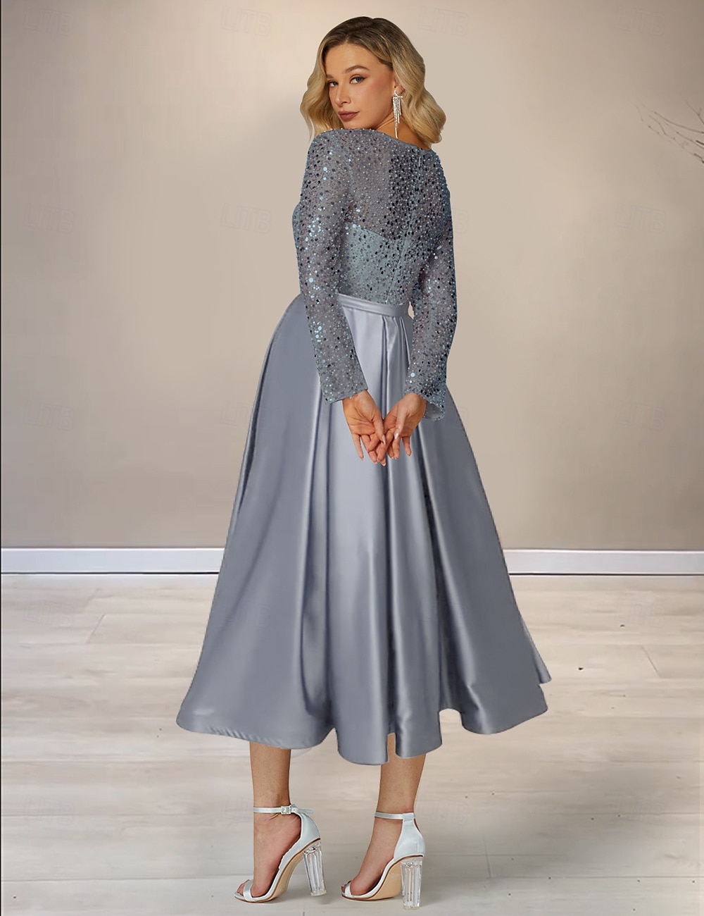 Paljetterte Blå A-Linje Cocktailkjoler Elegant Formell Ankellengde Lange Ermer Illusjons Hals Lomme Sateng med Glitrende Perling 2025 - $146.99 –P2