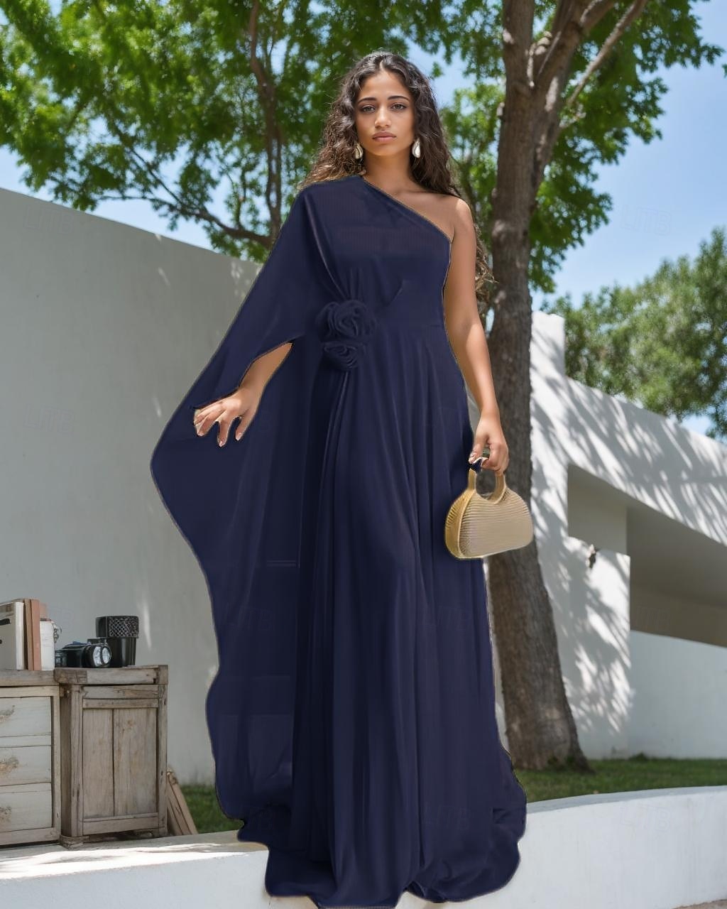 Robes de mariée Sirène  Trompette Une épaule Sans manches Longueur de sol en mousseline de soie Robes de mariée avec fleurs de 2025 ? $182.99 –P7